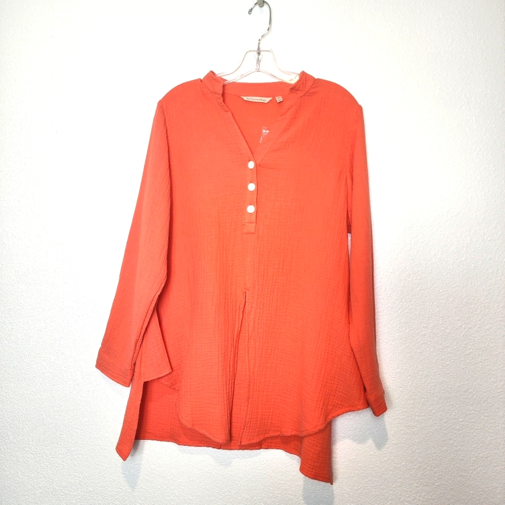 SOFT SURROUNDINGS Sea Breeze Gauze Cotton Front Tie Tunic Top Orange - Picture 2 of 10
